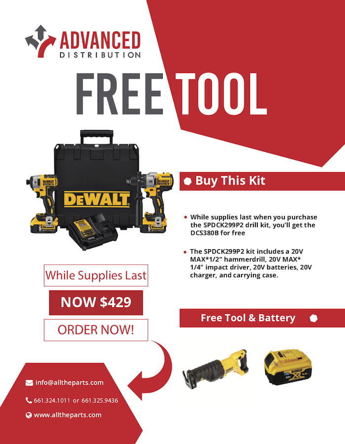While supplies last when you purchase the SPDCK299P2 drill kit, you’ll get the DCS380B for free The SPDCK299P2 kit includes a 20V MAX*1/2" hammerdrill, 20V MAX* 1/4" impact driver, 20V batteries, 20V charger, and carrying case. Free tool & battery.